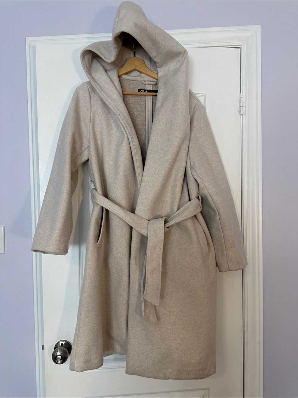 ZARA Belted Wrap Coat – Size L – Light Beige